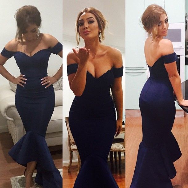 navy bardot prom dress