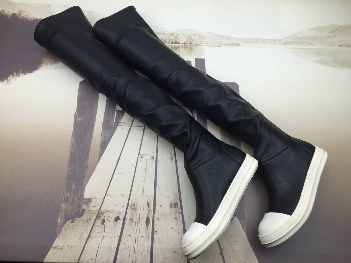 White Black Elastic Stretch Knee High Boots Flat Rubber Sole High