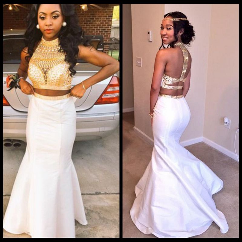 New African High Neck White And Gold Prom Dresses 2016 Floor