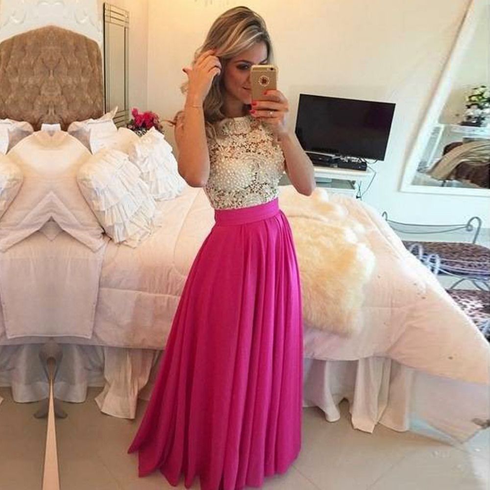 Elegantes Vestidos De Fiesta De Color Caliente Largos 2017 Con Perlas De Encaje Con Abalorios Caídos Vestidos De Noche De Gasa Baratos De 171,3 € | DHgate