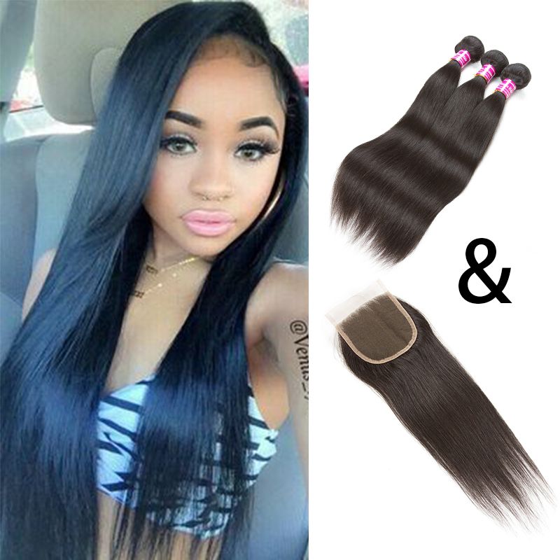 Straight Peruvian Hair 3 Bundles With Lace Closure Unprocessed