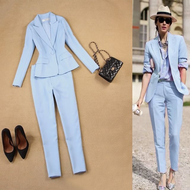 Ladies pale blue trouser suit Clearance