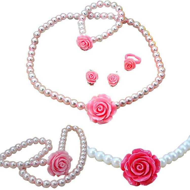 Set Pearls Flower Shape Kids Girls Child Necklace Bracelet Ring Ear Clips Sets