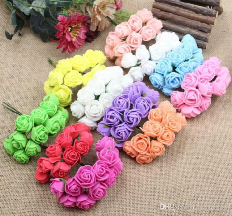 144Pcs Atificial Flowers Mini Foam Roses with stem Wedding Bouquet Decor A4