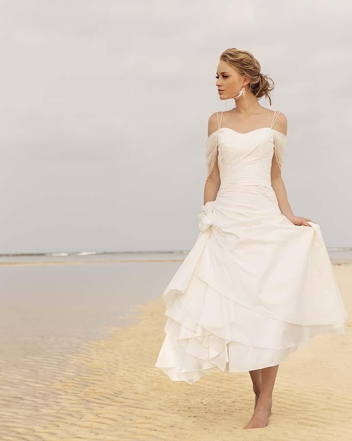 white linen wedding dress beach