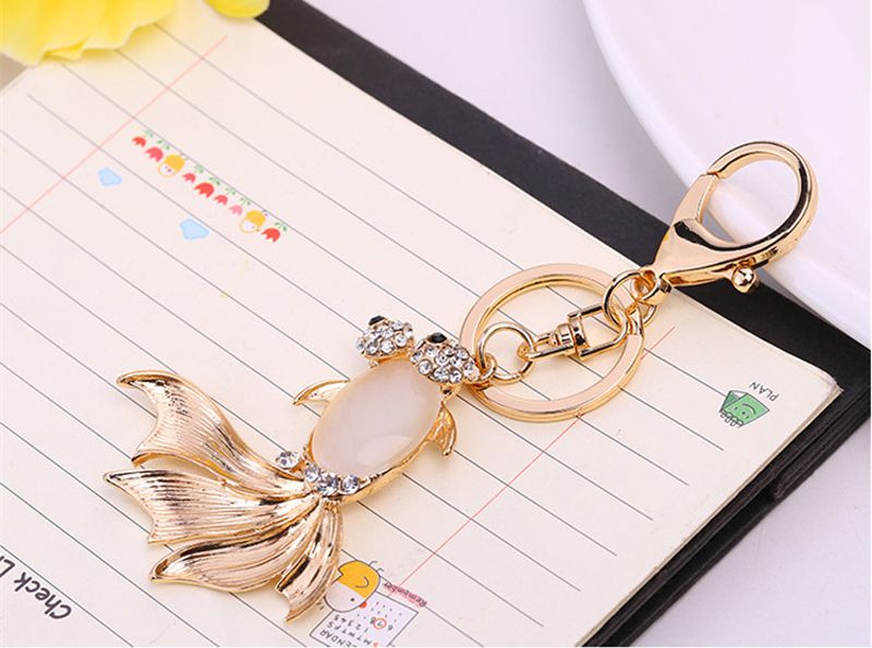 Gold Fish Lovely Tail Pendant Charm Rhinestone Crystal Key Ring Chain Accessorie 