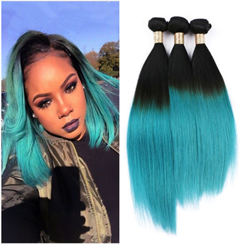 Colorful 1b Green Ombre Hair Extensions 3 Bundles Two Tone Black