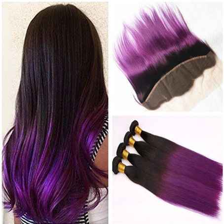 Grosshandel Dark Root Purple Ombre Indisches Menschenhaar 4 Bundles Mit Spitze Frontal Verschluss Gerade 1b Lila Ombre 13x4 Volle Spitze Frontal Mit