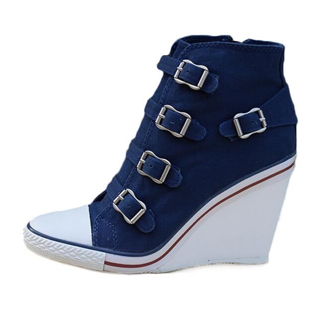 Womens ASH Thelma Buckle Wedge Sneakers Deep Blue Ankle Boots Canvas ...