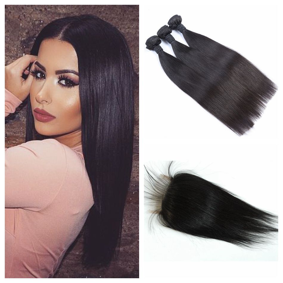Human Hair Weft With Closure Virgin Brazilian Lace Closure With
