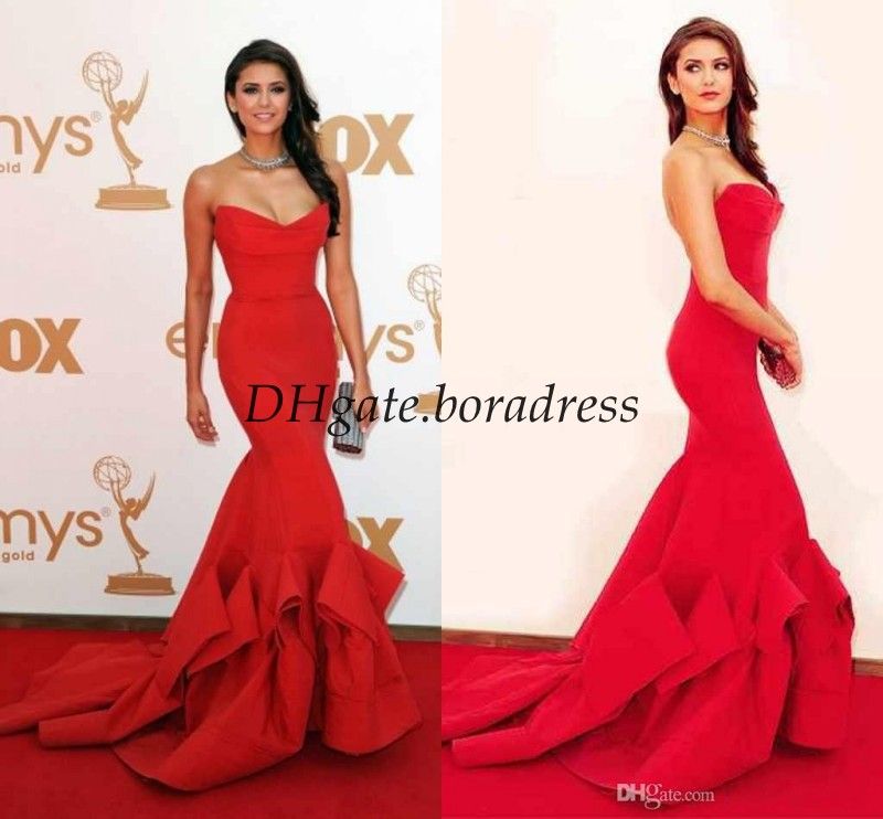 Nina Dobrev vestido rojo cariño Emmy vestido de noche formal Celebrity With Strapless Ruffles