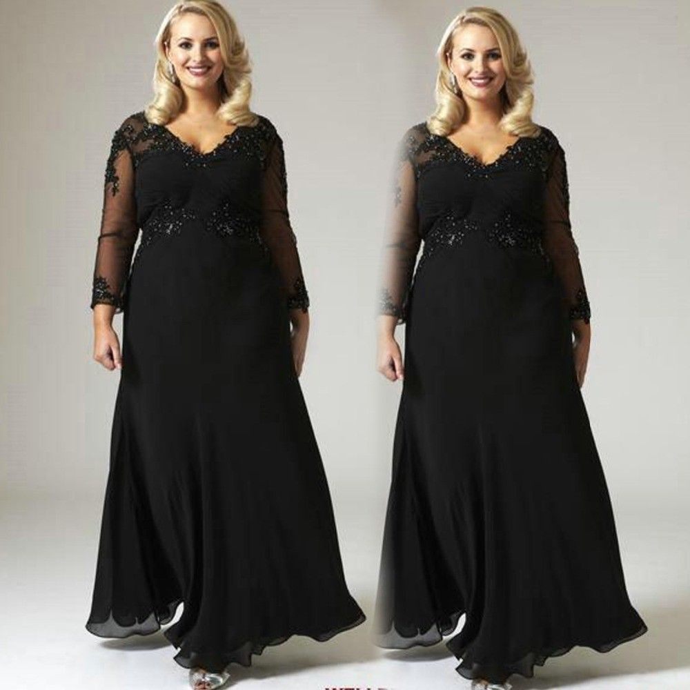 Plus Size Black A Line Prom Dresses V Neck Sheer Long Sleeves Lace ...