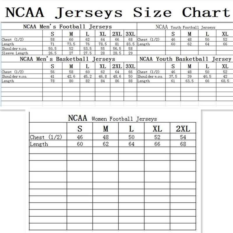 College Football Size Chart