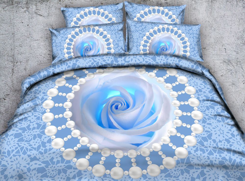 Fashion Design Luxurious Blue Rose Pearl 3d Printed Fabric Cotton