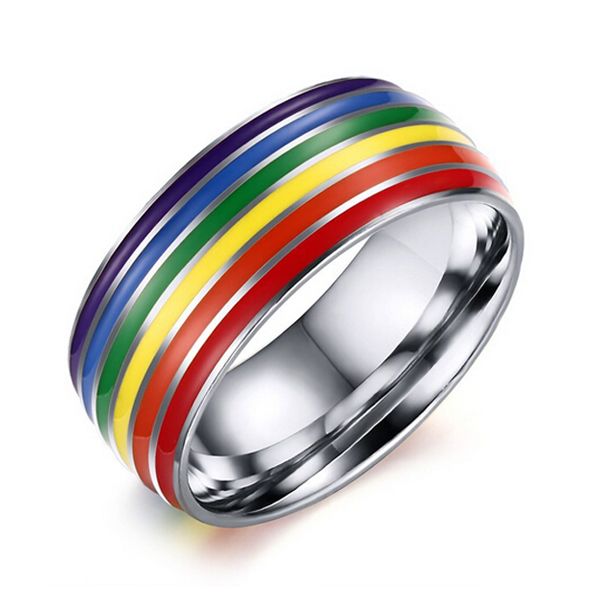 Gays de Acero de Titanio Lesbianas LGBT Orgullo Anillo del Arco Iris Banda de Compromiso de Boda tama/ño 8