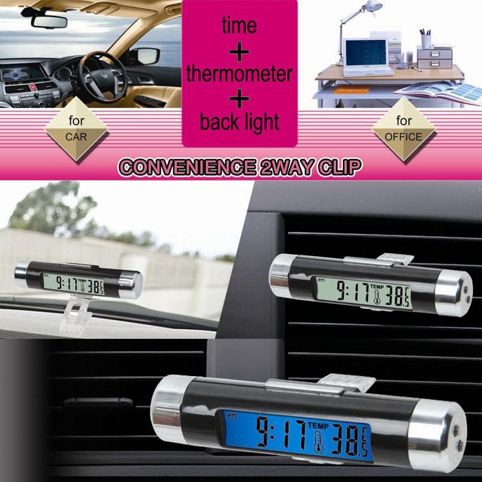 2021 Car Air Conditioning Vent Thermometer Blue LCD Car Thermometer Time Clock Car Vehicle