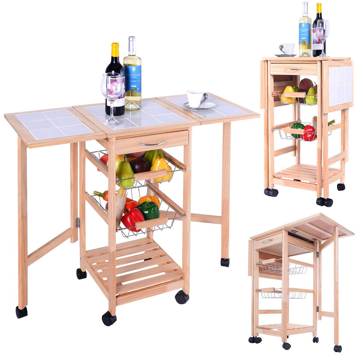 2019 Portable Rolling Wood Kitchen Trolley Cart Drop Leaf Storage