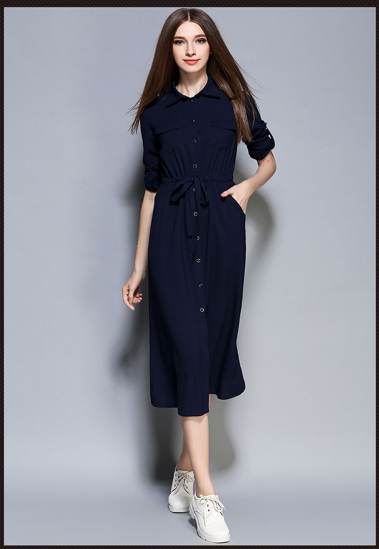 2016 New Autumn Maxi Women Dress Ladies Blue Knee Length Elegant Casual Shirt Dresses White And Blue Dresses For Womens Party Gown Dress From