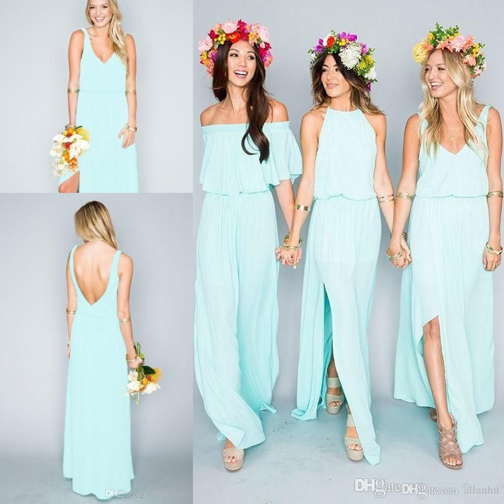 2020 Summer Beach Mumu Bohemian Mint Green Bridesmaid Dresses Mixed Style Flow Chiffon Side Split Boho Custom Made Cheap Bridesmaid Gowns Bridesmaid