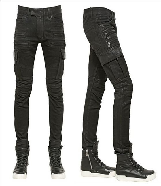 balmain waxed biker jeans