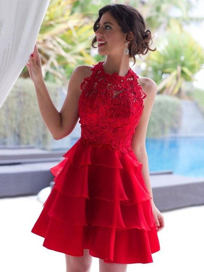 Hot Red Sexy Short A Line Homecoming Dresses Halter Neck Sleeveless With Lace Neckline Vestido 19 Semi Prom Gowns 8th Grade Party Dtj From Gaogao89 95 32 Dhgate Com