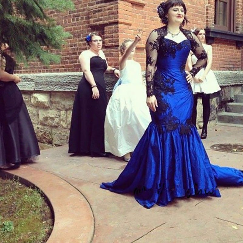 Vestidos de noche de sirena de encaje negro azul con chaqueta de manga larga transparente 2022 Vestidos de noche de sirena de encaje negro azul con chaqueta de manga larga transparente 2022