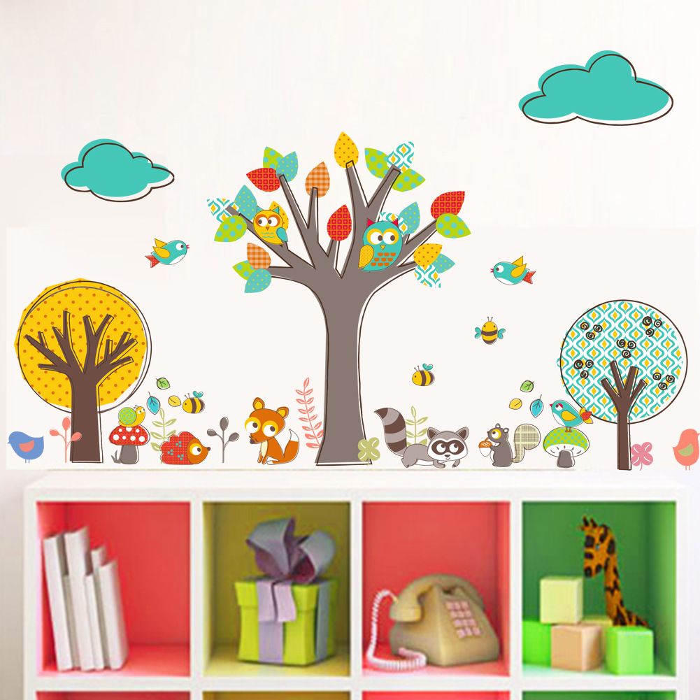 Grosshandel Cartoon Tiere Kreative Bunte Baum Wandaufkleber Aufkleber Fur Kinderzimmer Kinderzimmer Dekor Bienen Vogel Eulen Tapete Poster Wand Wand Applique Von Magicforwall 4 65 Auf De Dhgate Com Dhgate