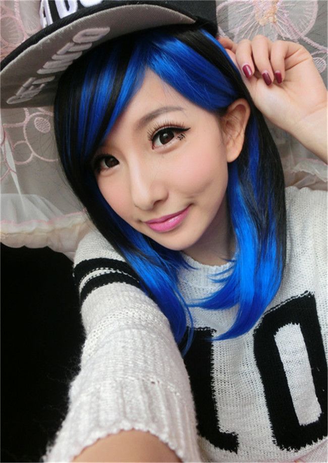 Woodffestival Short Straight Hair Wigs Black Mix Blue Wig Cosplay