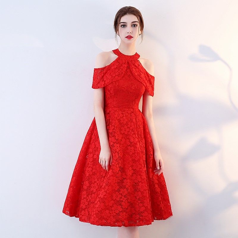 Red Lace O Neck Halter Tea Length One Piece Evening Dress Short Sleeve A Line Evening Gown Vestido De Noche Onepiece From Companionstore 72 26 Dhgate Com