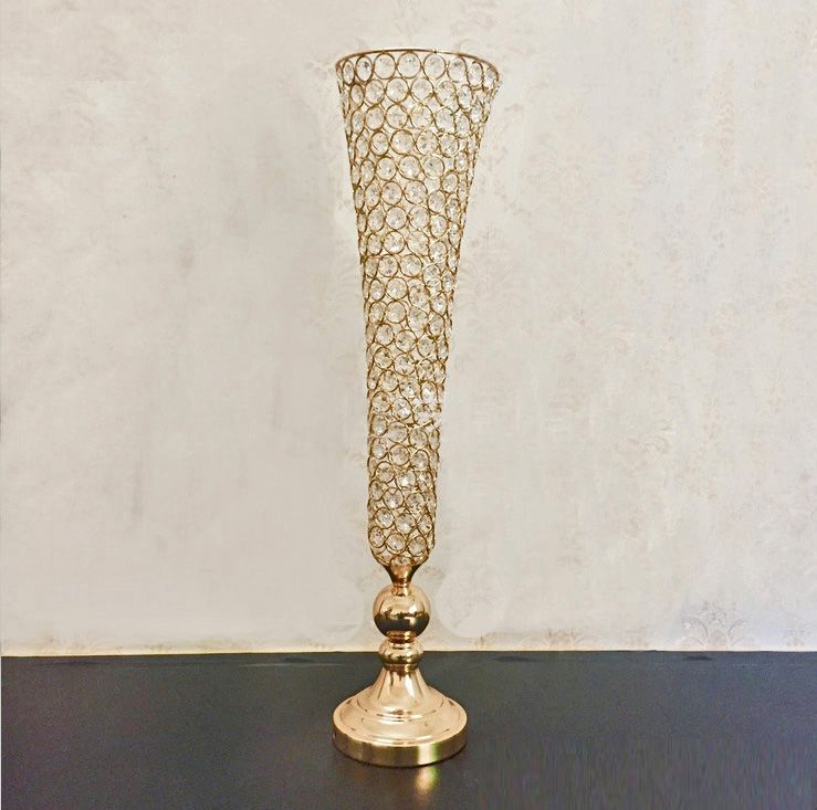 Golden Chrome Color Crystal Beaded Trumpet Flower Vase Wedding
