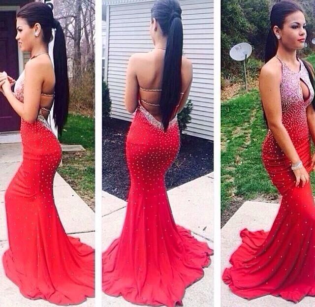 red bling prom dress