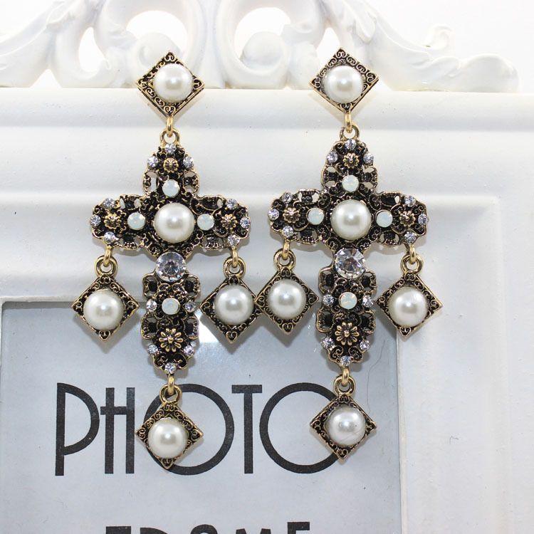 Mujeres Barroco Renacimiento Cruz Pendientes Temáticos Perlas Caída Pendientes De Oro Filigrana Pendiente Pendientes Medieval