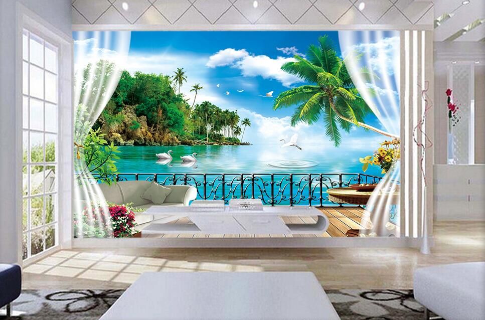 3D Window Balcony Beach Seascape Wall Mural Painting Wallpaper Photo Home Decor