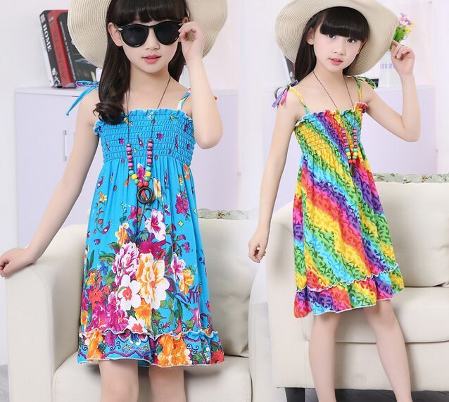 2019 Rainbow Beach Dress Girl Dress Long Bohemian Beach Dresses Kids Princess Flower Dress Kids With Necklace Girls Sleeveless Cotton Dress From