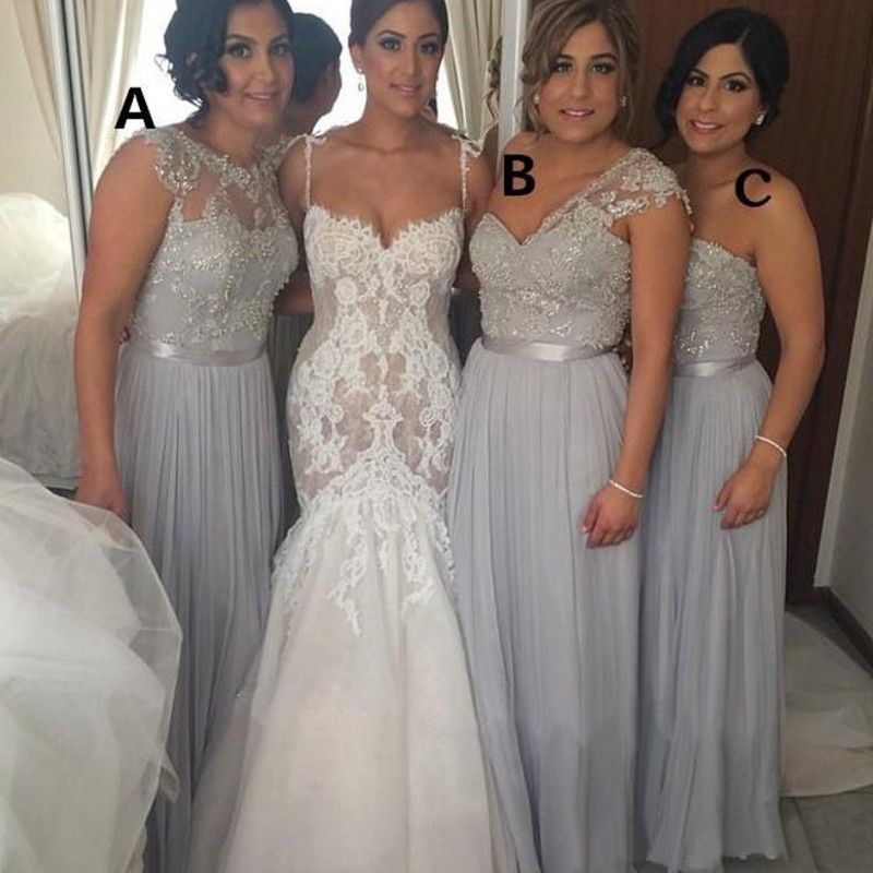white and silver bridesmaid dresses