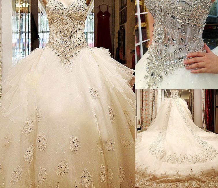 Bling Bling Luxury Crystal Cathedral Train Ball Gown Wedding Dresses With Strapless Sweetheart Lace Applique Tulle Long Bridal Gowns 2019 Winter Wedding Dresses Beach Wedding Dress From Wheretoget 398 Dhgate Com