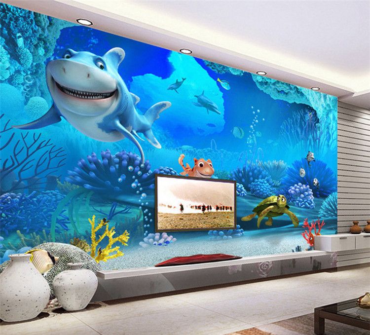 Custom Photo Mural Wallpaper Children Room Underwater World Cartoon Shark Turtle Non Woven Fabric Wallpaper For Bedroom Walls 3d Wallpapers Downloads