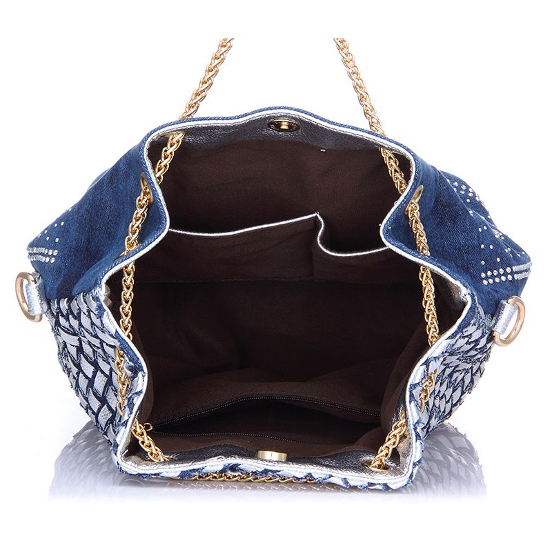 Cluthes Frauen Strand Kette Mit Von Handgewebte Tasche Damen Denim Handtasche Sommer Großhandel Kleine Umhängetasche Eimer Strass Griff rsthQdCx