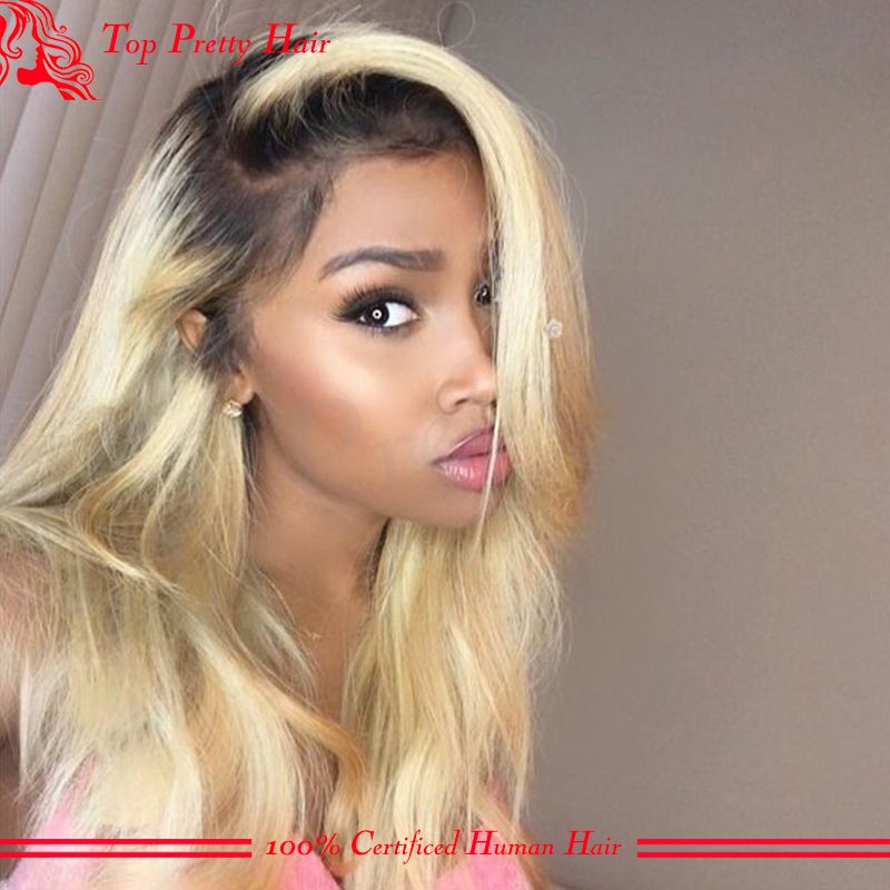 Hand Tied Ombre Wig Dark Root Ombre Full Lace Wigs Platinum Blonde