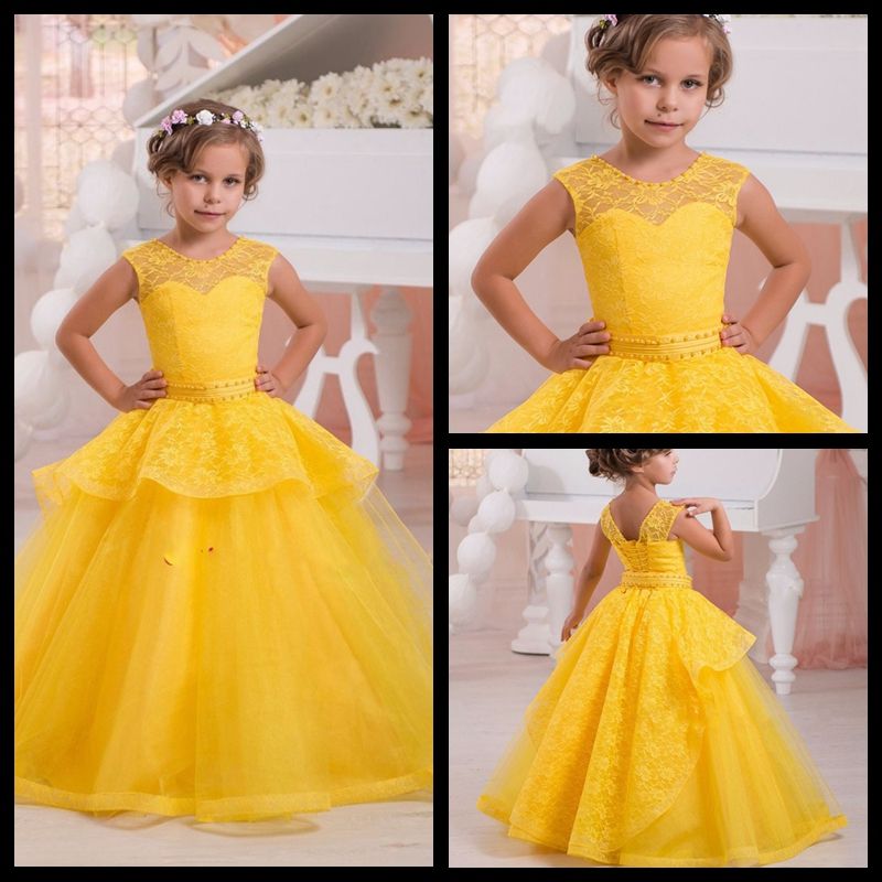 tarifa bostezando Ajustable Vestido de niña de las flores de color amarillo brillante Vestidos de gala  para niñas Perlas