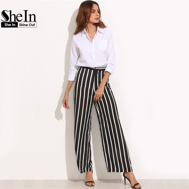 Compre SheIn Pantalones Sueltos Pantalones De Mujer Pantalones De Mujer De  Marca Elegante Pantalones Negros De Rayas Verticales Pantalones Anchos De  Cintura Alta A 31,42 € Del My01 | Es.Dhgate.Com