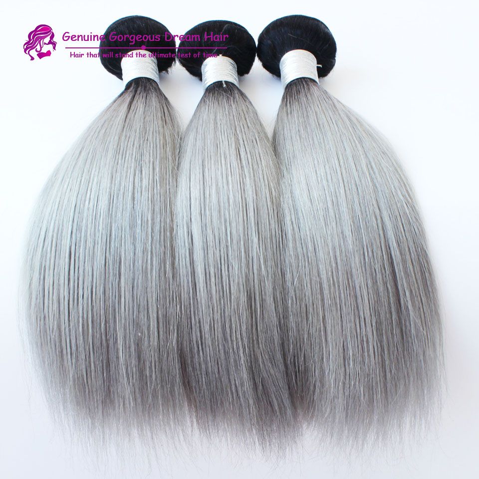 2019 3 Bundles With Closure Brazilian Human Hair Ombre Gray Straight Silver Grey Hair Extensions Grey Weft Weave Bundles With Closure From