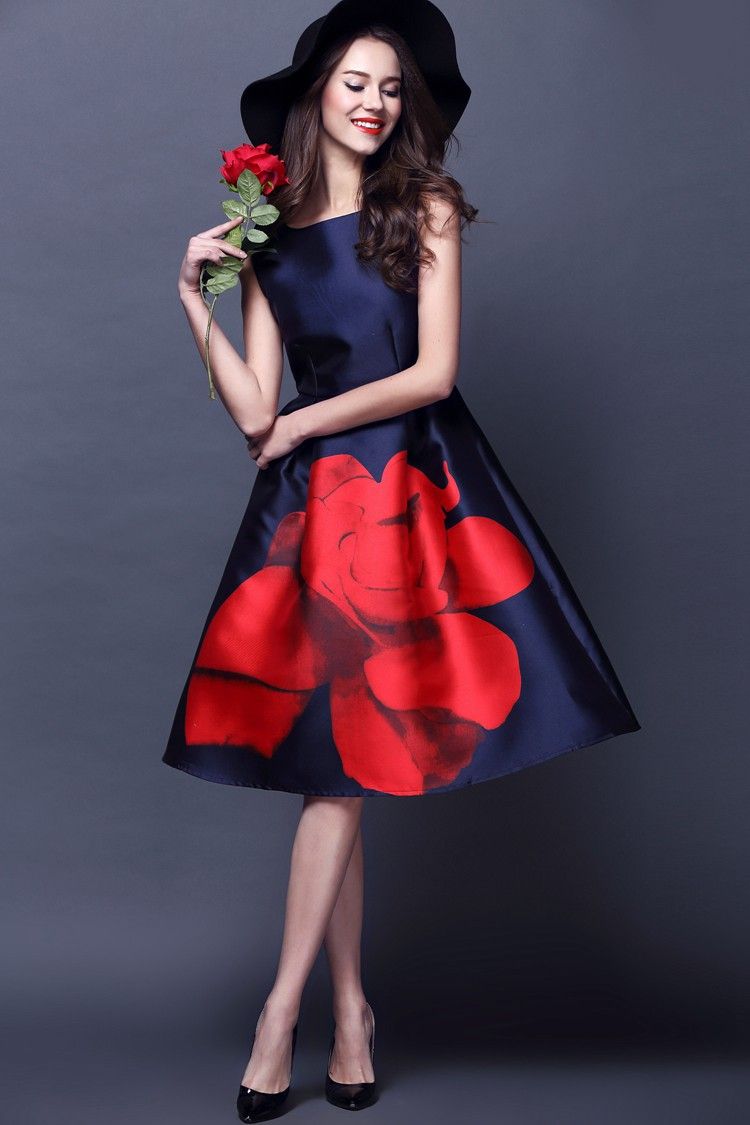 21 16 Women Summer Dress Runway Elegant Vintage Rose Large Floral Print Midi High Waist Ball Gown Tank Dress From Myosotis 50 26 Dhgate Com
