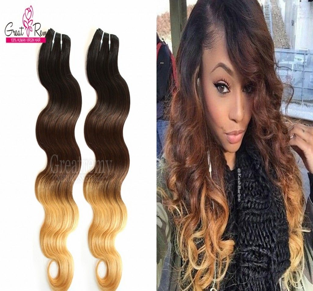 Greatremy Three Tone 1b 4 27 Ombre Dip Dye Hair Brazilian Virgin Human Hair Weave Weft Wavy Body Wave 8a Remy Hair Extensions Weave Extensions Hair