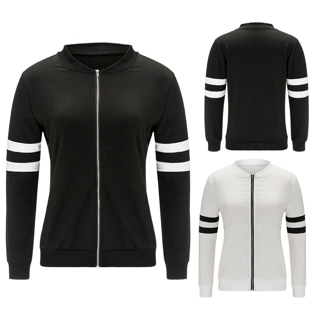 Fashion Black White Bomber Jacket Women Zip Up Biker Jacket Casual