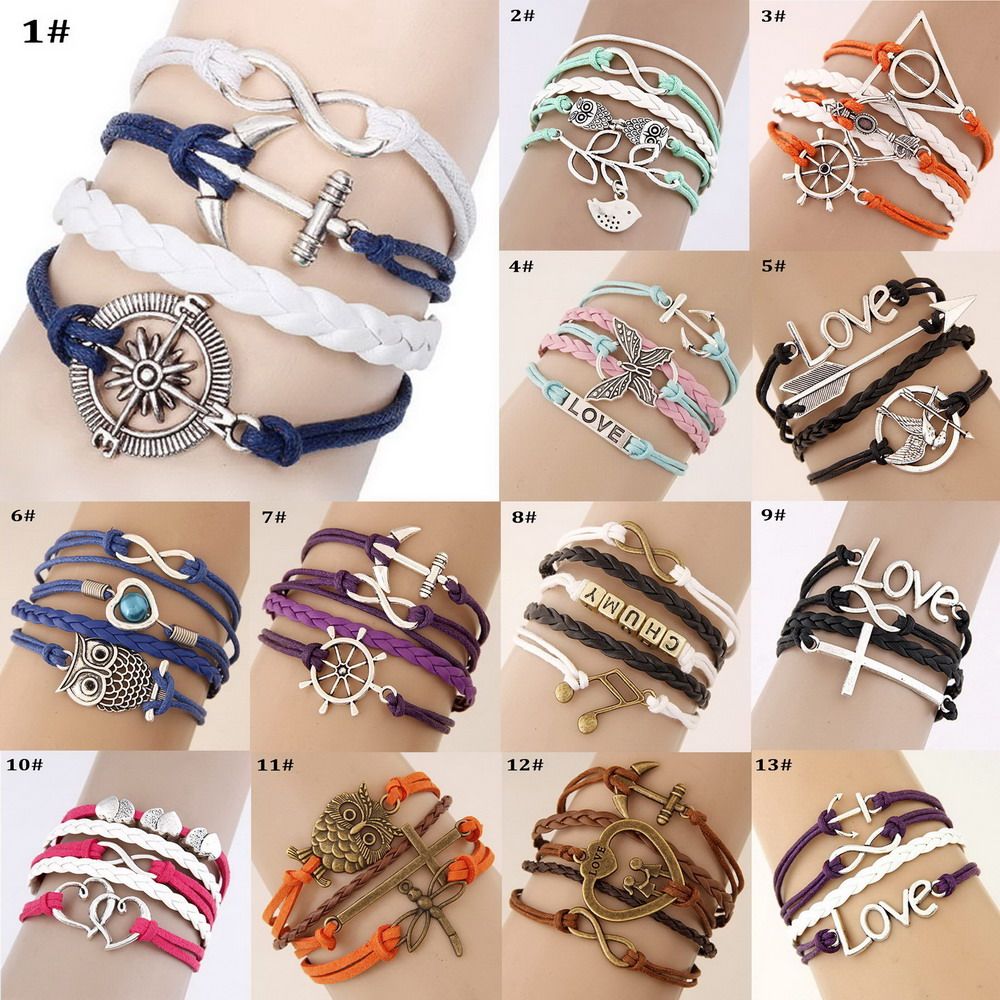 Fashion Unisex Infinity Leather Charm Bracelet Silver lots Beads Style Jewelry
