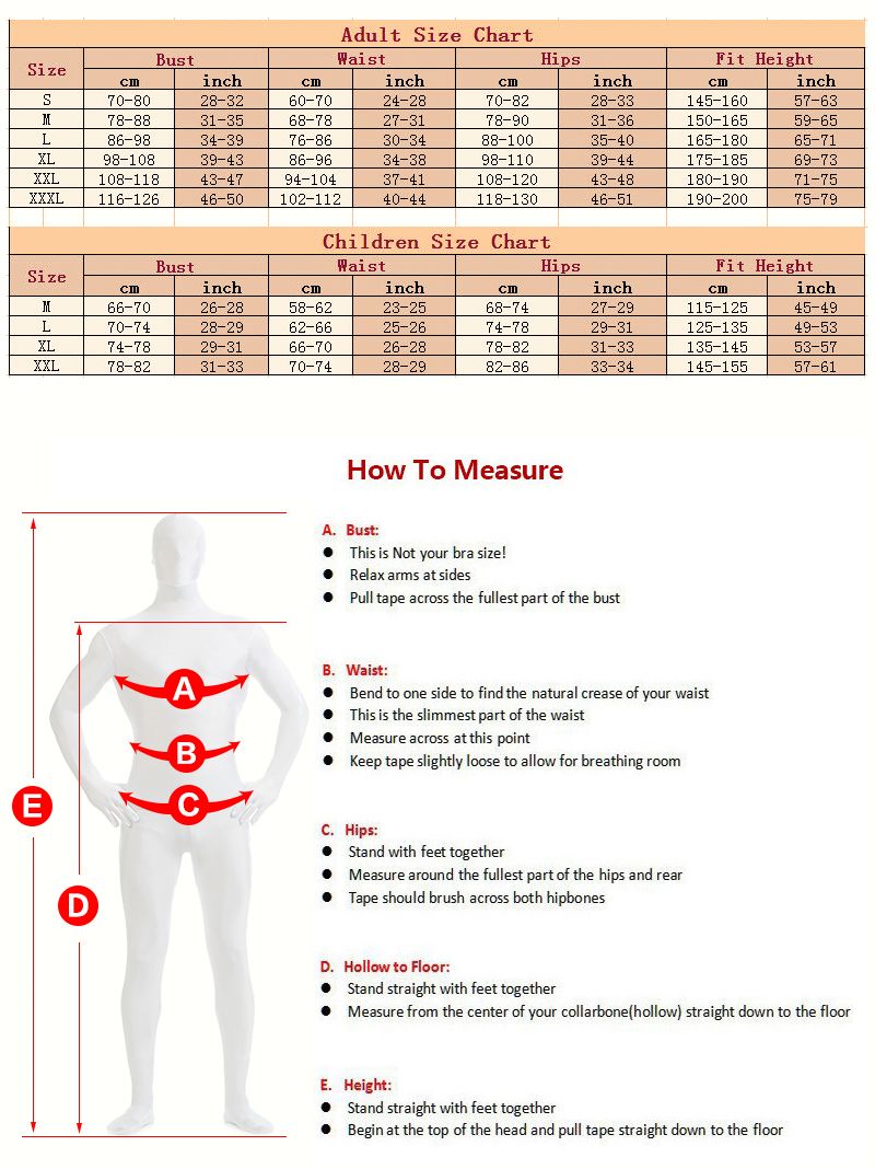 Spirit Costume Size Chart