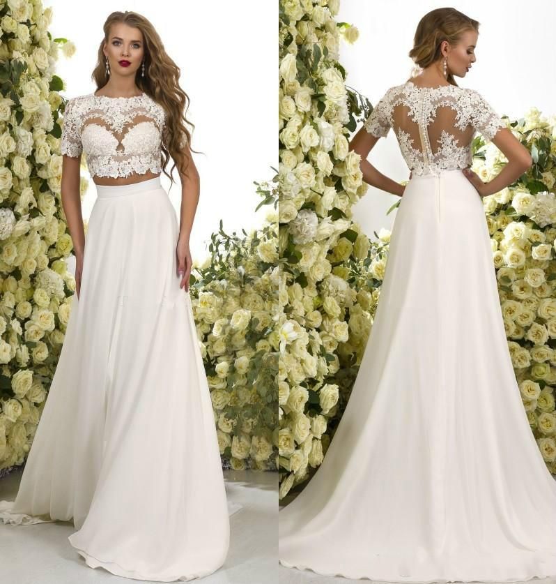 2017 Boho Two Pieces Bohemian Wedding Dresses Lace Crop Chiffon Sweep