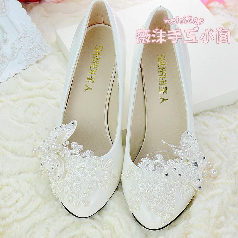 Handmade Ivory Pearl Lace Wedding Shoes Butterfly Beads Flat 4 5cm