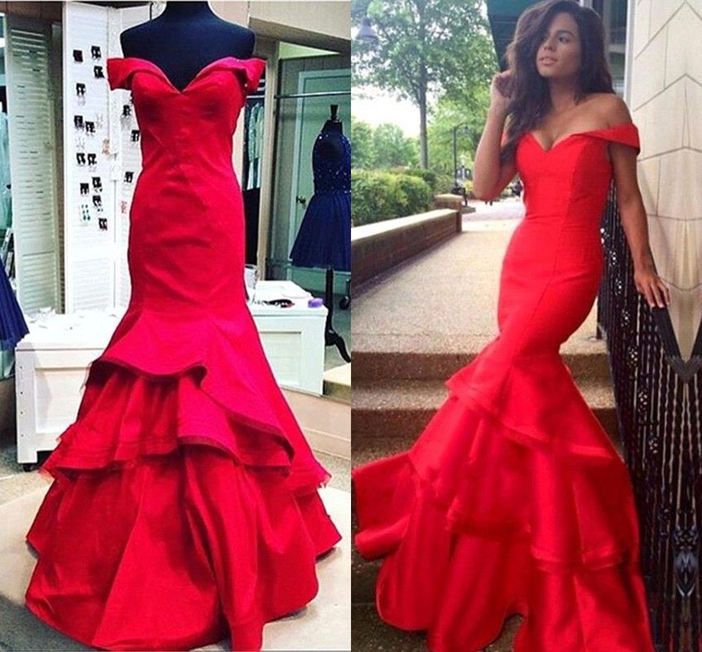 red off the shoulder mermaid prom dress